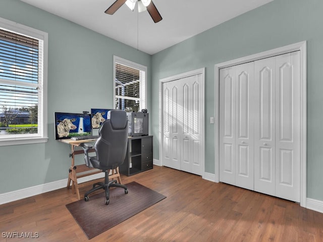 office space featuring dark hardwood / wood-style floors and ceiling fan