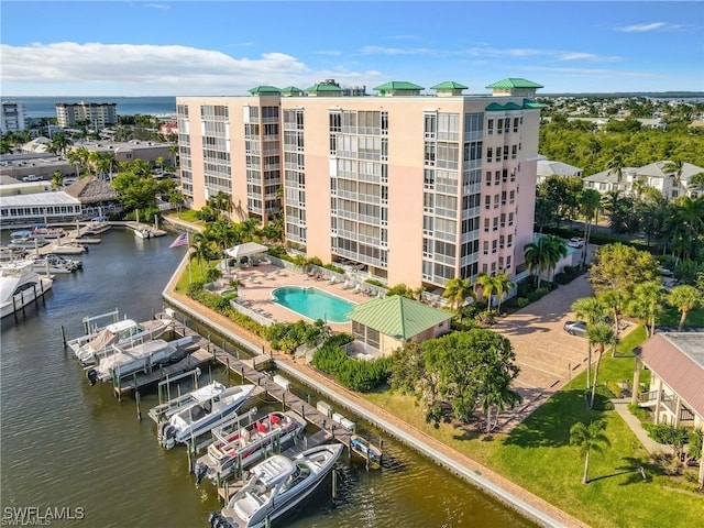 drone / aerial view with a water view