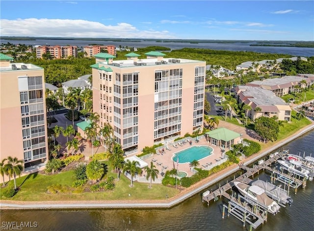 drone / aerial view with a water view