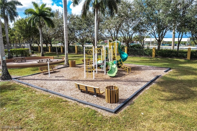 view of play area with a yard