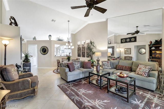 tiled living room with crown molding, ceiling fan with notable chandelier, and high vaulted ceiling