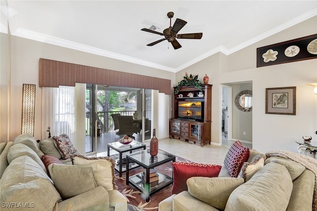 living room featuring ornamental molding, vaulted ceiling, and ceiling fan