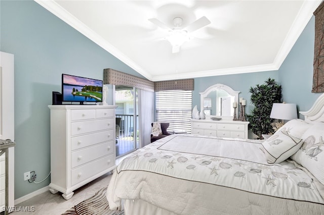 bedroom featuring ceiling fan, ornamental molding, vaulted ceiling, and access to exterior