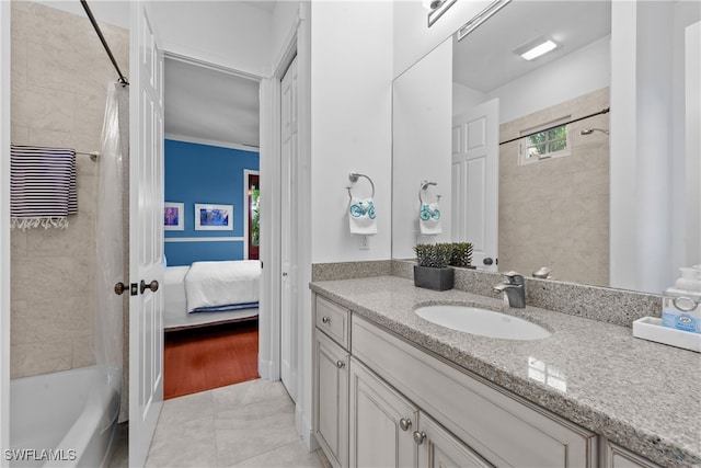 bathroom with vanity, crown molding, shower / bathtub combination with curtain, and wood-type flooring