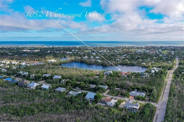 bird's eye view with a water view