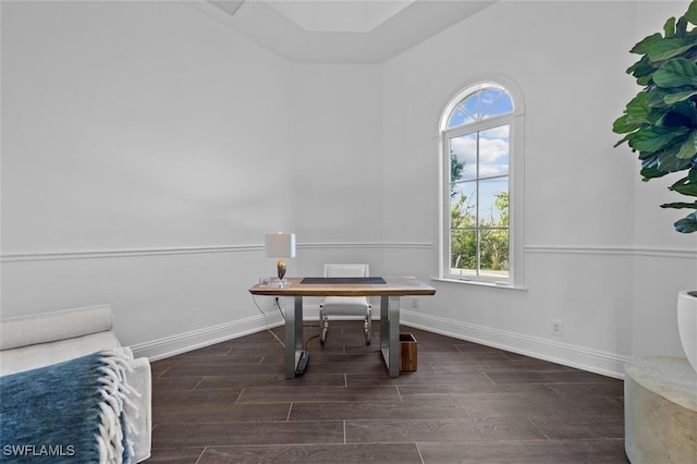 office area with dark wood-type flooring