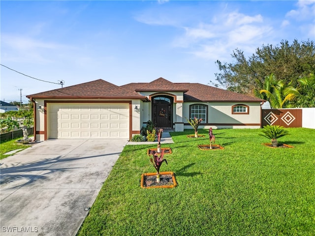 ranch-style home with a front lawn and a garage