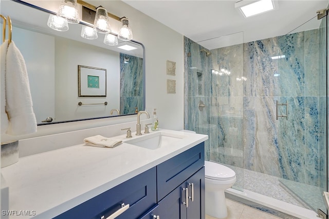 bathroom featuring vanity, tile patterned floors, toilet, and walk in shower