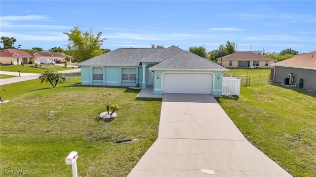 ranch-style house featuring a front yard and a garage