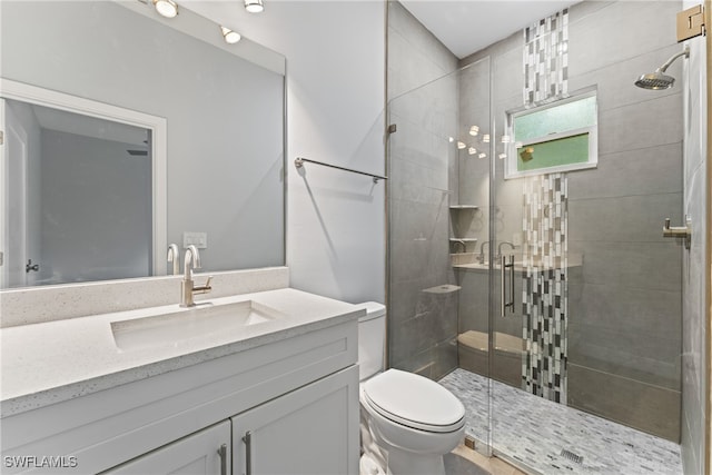 bathroom with vanity, toilet, and walk in shower