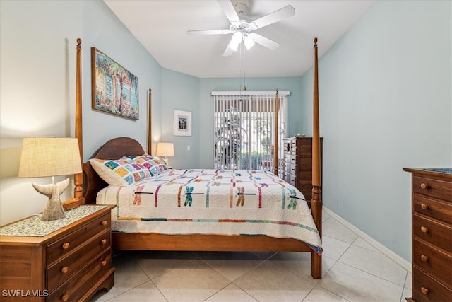 bedroom with light tile patterned flooring and ceiling fan