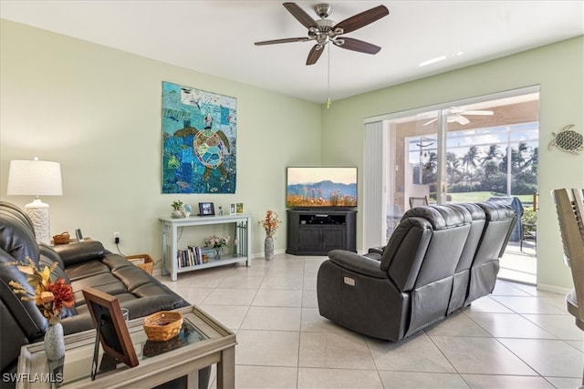 living room featuring ceiling fan and light tile patterned floors