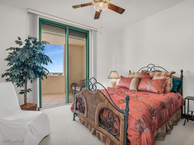 bedroom with ceiling fan, carpet flooring, and access to exterior