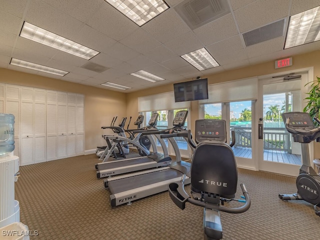 exercise room with a paneled ceiling and carpet floors