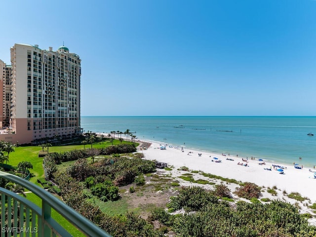 view of water feature with a beach view