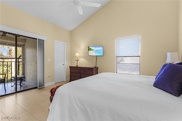 bedroom with access to exterior, high vaulted ceiling, light tile patterned floors, and ceiling fan