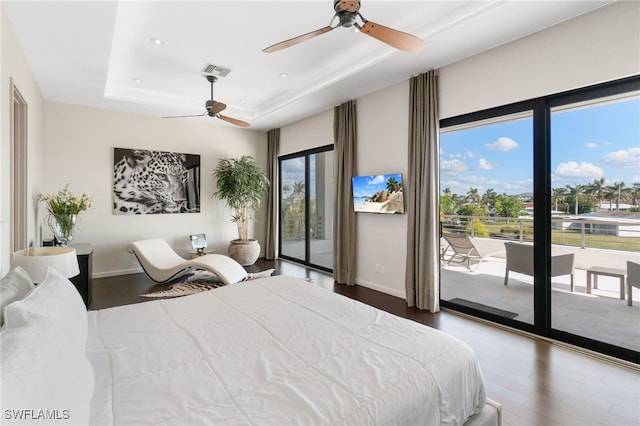 bedroom featuring access to outside, multiple windows, and a tray ceiling