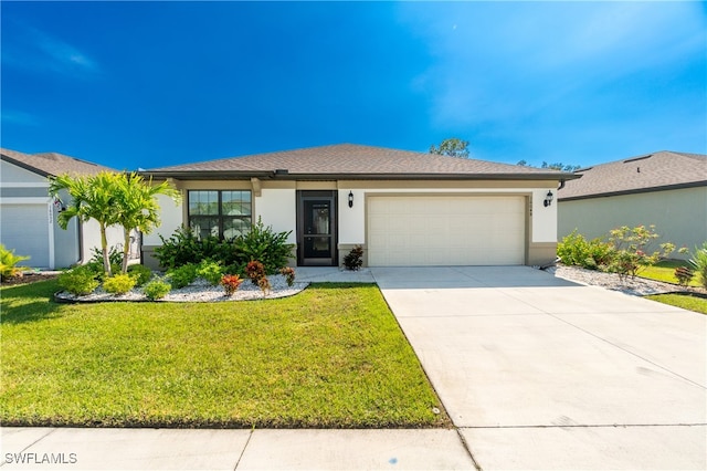 single story home with a front lawn and a garage