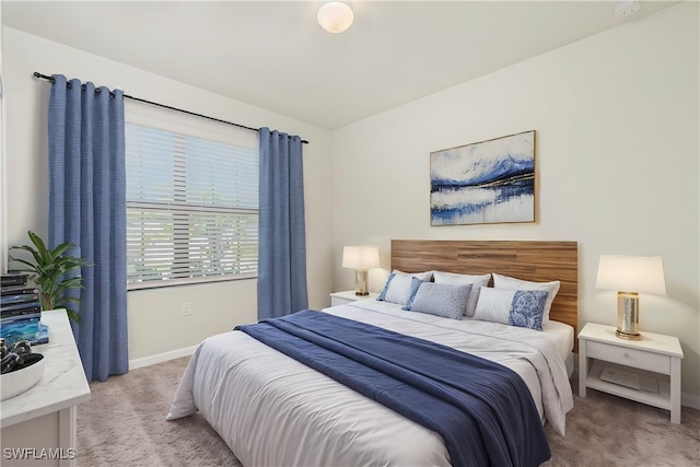 bedroom with light colored carpet