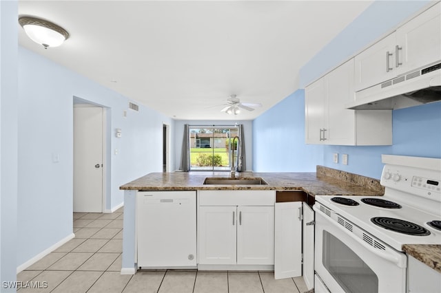 kitchen featuring sink, white cabinetry, kitchen peninsula, and white appliances