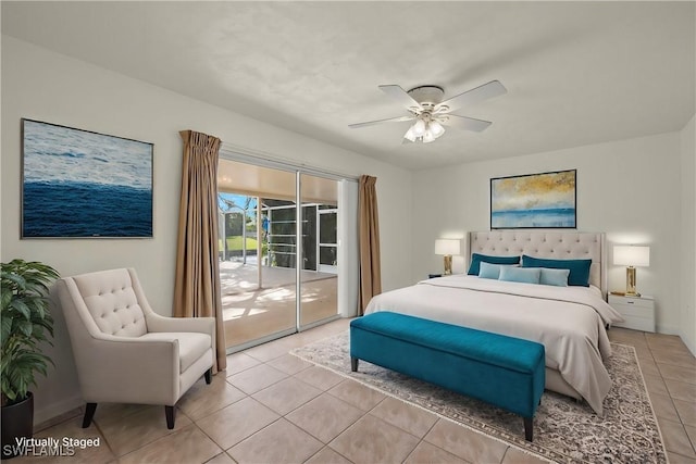 tiled bedroom featuring ceiling fan and access to outside