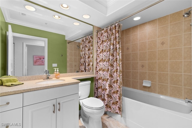 full bathroom featuring toilet, vanity, ornamental molding, and shower / bathtub combination with curtain