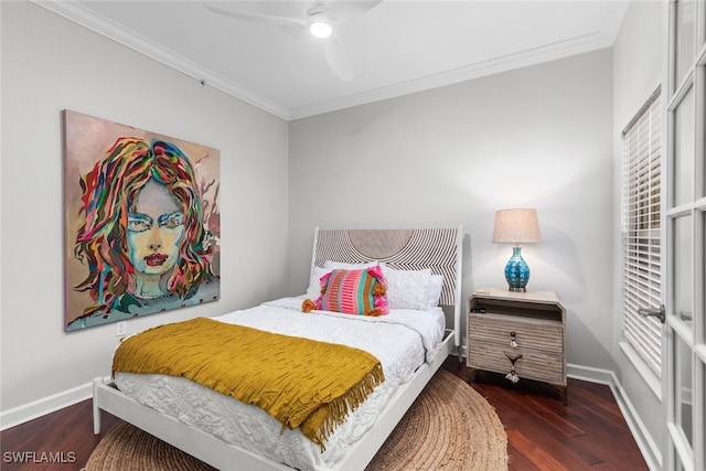 bedroom featuring dark hardwood / wood-style flooring, ornamental molding, and ceiling fan