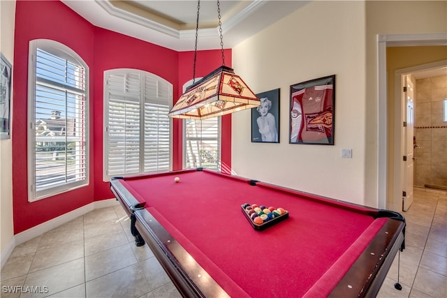 playroom featuring a healthy amount of sunlight, light tile patterned flooring, crown molding, and pool table