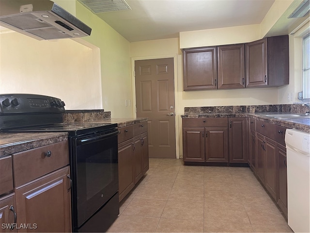 kitchen with black electric range oven, dishwasher, ventilation hood, light tile patterned flooring, and sink