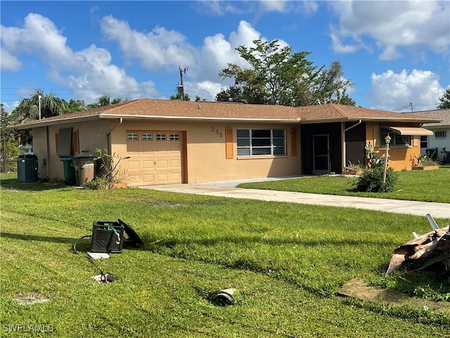 single story home with a front yard, a garage, and central AC unit