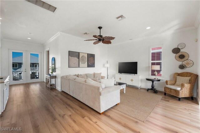 270 Delmar Ave, Fort Myers Beach, FL 33931 - living area featuring french doors, light wood finished floors, recessed lighting, ornamental molding, and a ceiling fan
