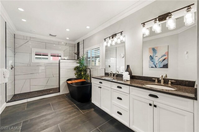 270 Delmar Ave, Fort Myers Beach, FL 33931 - full bath featuring double vanity, a freestanding tub, a tile shower, tile patterned floors, and ornamental molding