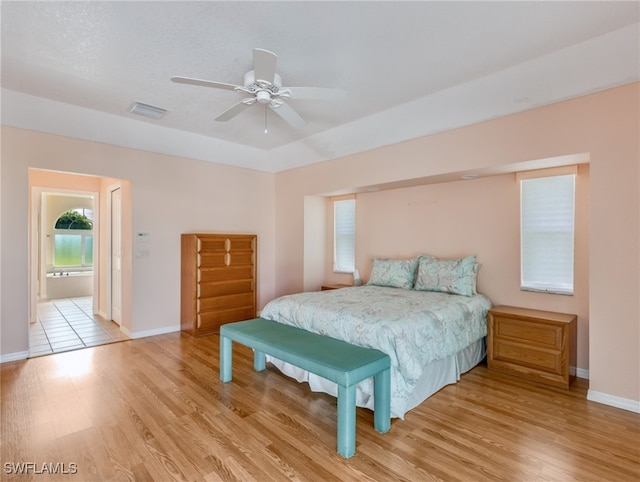 bedroom featuring light wood-type flooring and ceiling fan