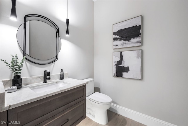 bathroom featuring vanity, toilet, and hardwood / wood-style flooring