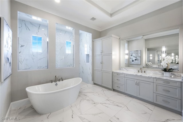 bathroom with vanity, ornamental molding, and plus walk in shower