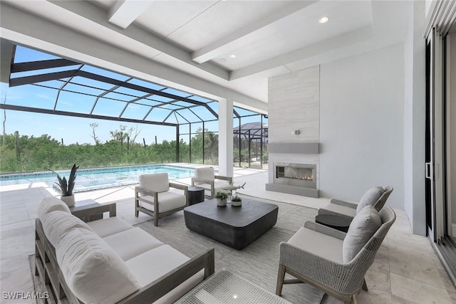 view of patio with outdoor lounge area and a lanai