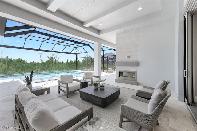 8903 Nevis Way, Naples, FL 34112 - view of patio featuring glass enclosure, an outdoor living space with a fireplace, and an outdoor pool