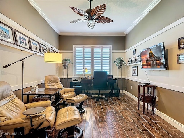 office area featuring crown molding, dark wood-type flooring, and ceiling fan