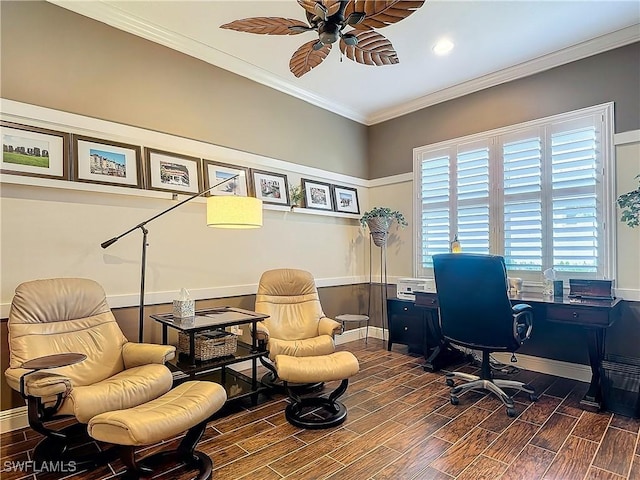 home office featuring ornamental molding and ceiling fan