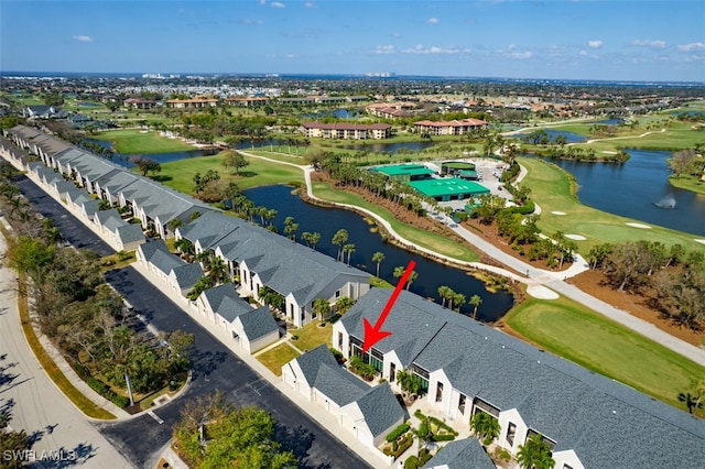 drone / aerial view featuring a water view