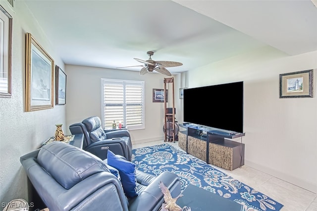 living room with light tile patterned flooring and ceiling fan