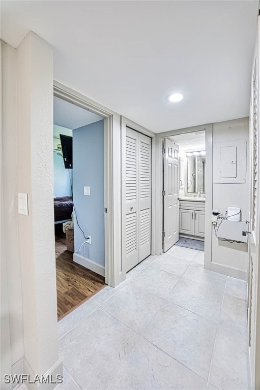 bathroom featuring vanity and hardwood / wood-style flooring