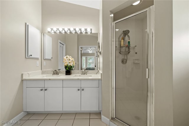 bathroom with vanity, tile patterned flooring, and walk in shower