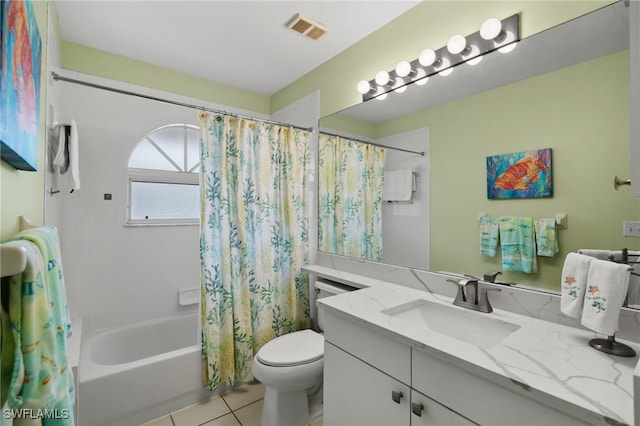 full bathroom featuring vanity, shower / tub combo with curtain, toilet, and tile patterned flooring