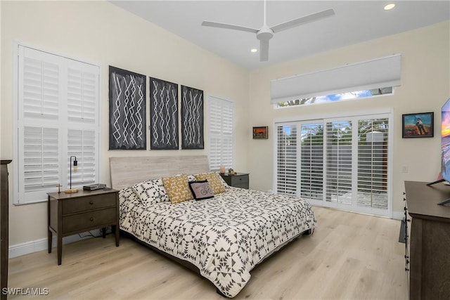 bedroom with access to exterior, ceiling fan, and light wood-type flooring