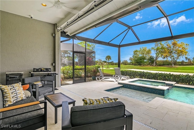 view of patio with a pool with hot tub, outdoor lounge area, and glass enclosure