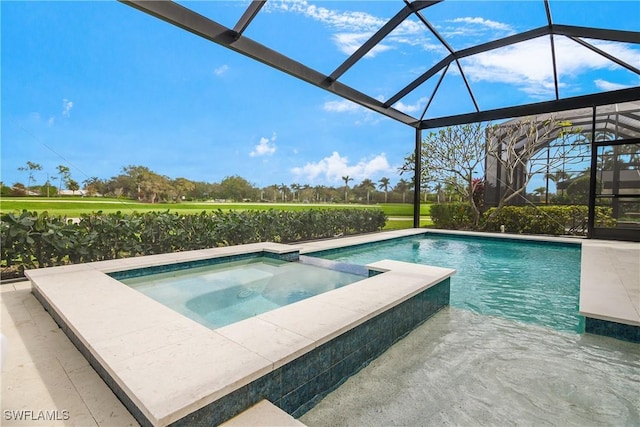 view of swimming pool featuring an in ground hot tub and glass enclosure