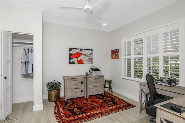 office area featuring ceiling fan and light hardwood / wood-style flooring