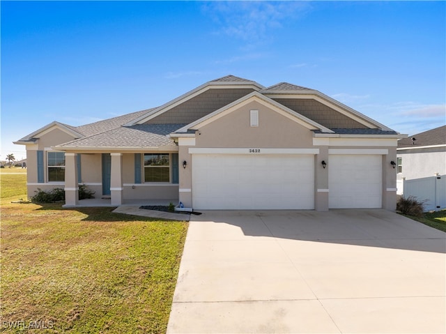 ranch-style home with a front yard and a garage