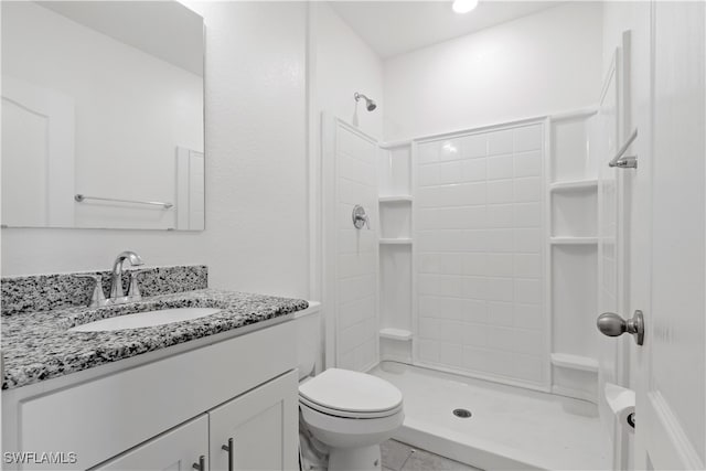 bathroom with vanity, toilet, and a shower